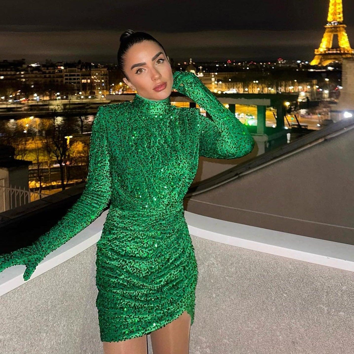 Mock Neck Sequin Mesh Glove Sleeve Bodycon Mini Dress