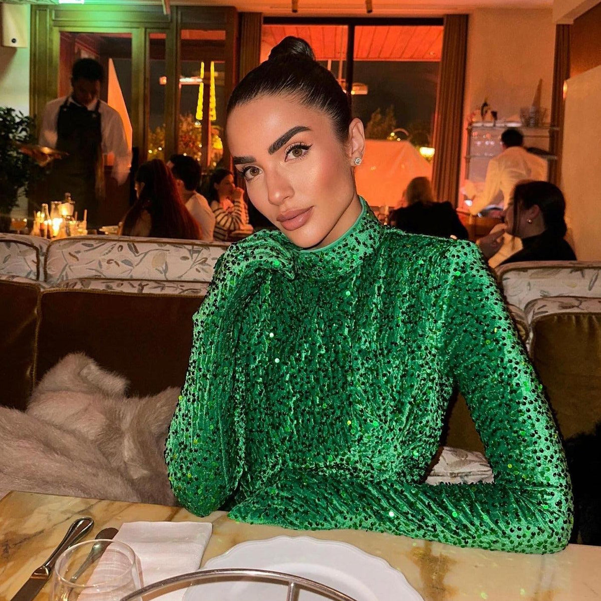 Mock Neck Sequin Mesh Glove Sleeve Bodycon Mini Dress