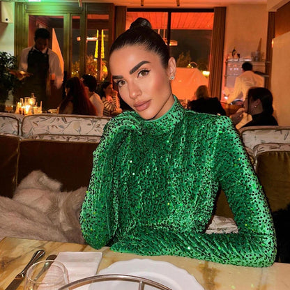 Mock Neck Sequin Mesh Glove Sleeve Bodycon Mini Dress