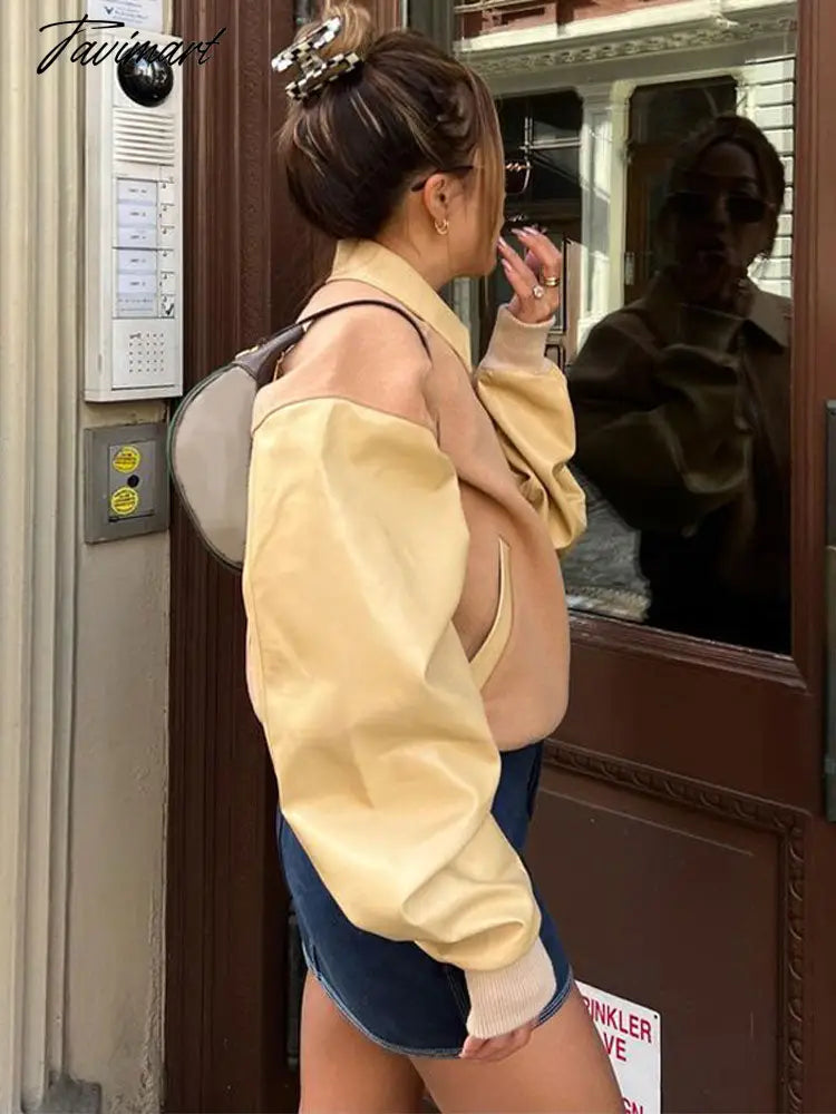 New Lapel Contrast Color Panel Jacket Coat Women Long Sleeved Zipper Pocket Coat Autumn Fashion Female High Street Outwears