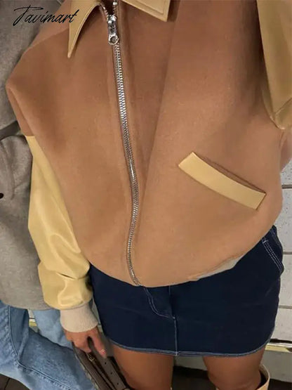 New Lapel Contrast Color Panel Jacket Coat Women Long Sleeved Zipper Pocket Coat Autumn Fashion Female High Street Outwears