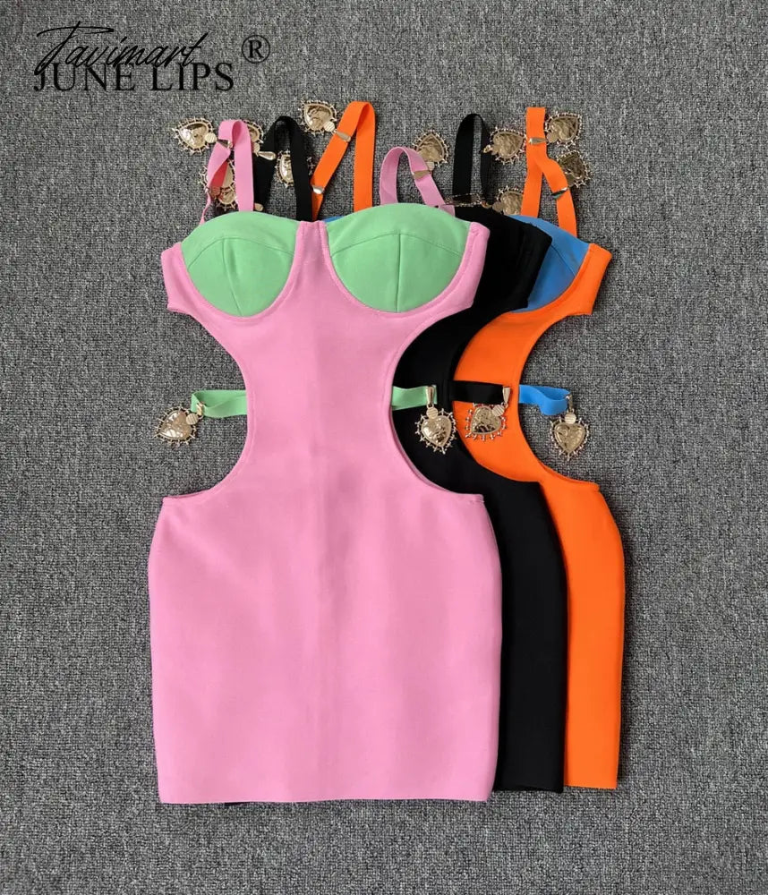 New Summer Women's Sexy Pink Black Orange Hollow Out Bandage Mini Dress Evening Celebrity Club Party Dress