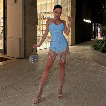 Sweetheart Crystal Trim Fringe Hem Mini Dress