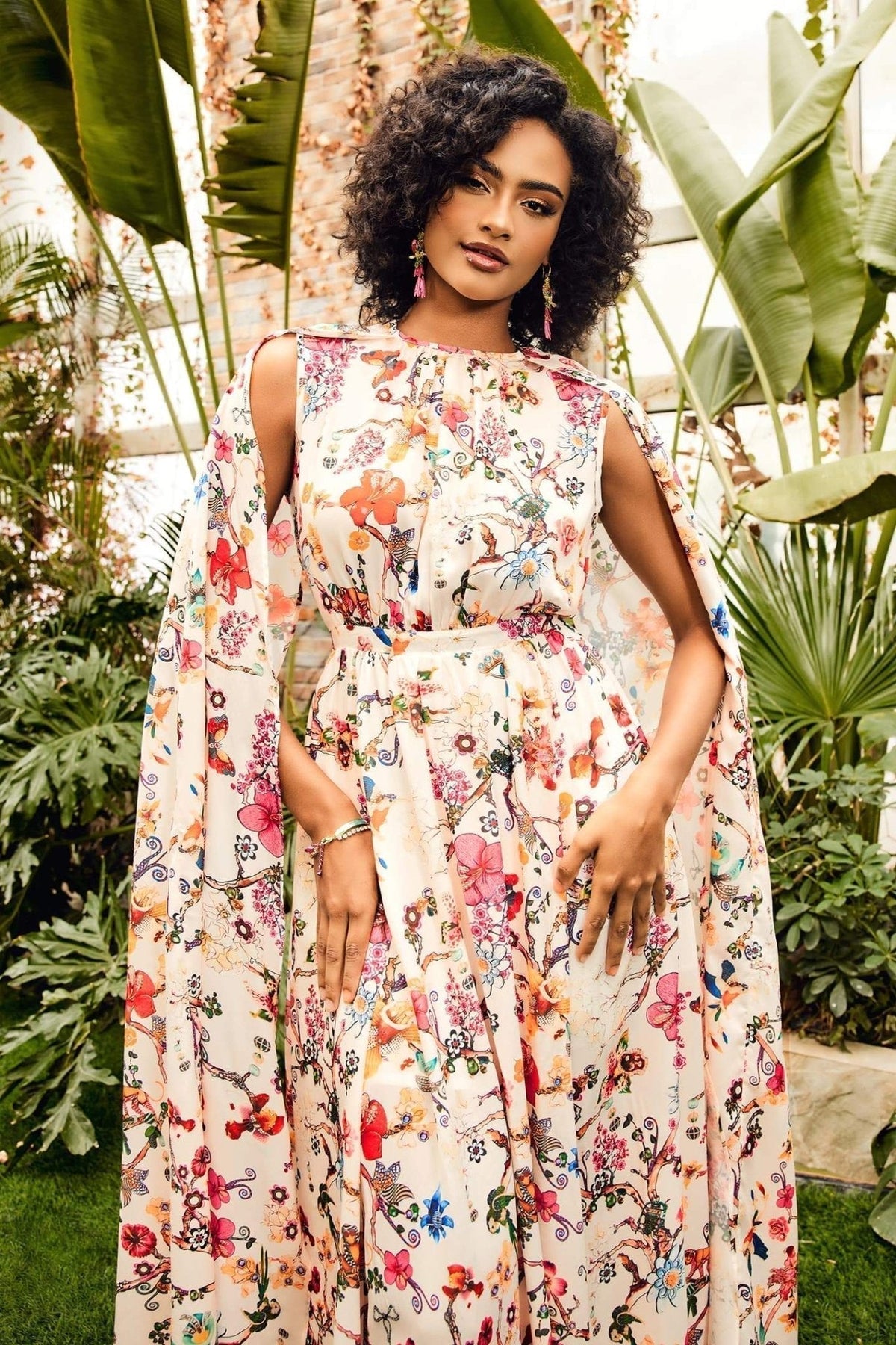 Botanical Floral Print Mock Neck Cape Sleeve Maxi Dress