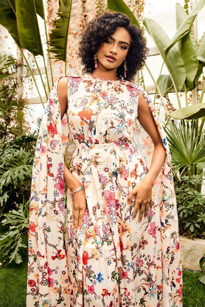 Botanical Floral Print Mock Neck Cape Sleeve Maxi Dress