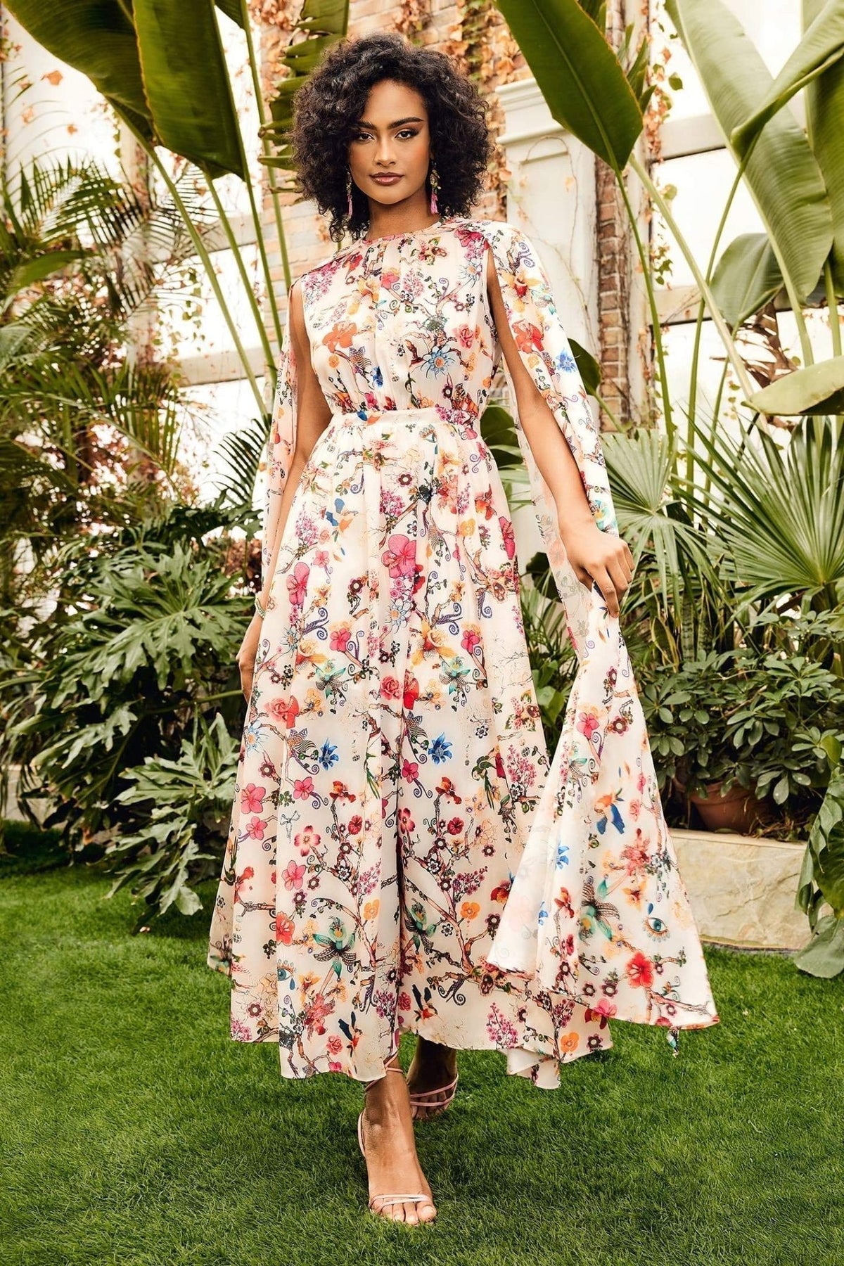 Botanical Floral Print Mock Neck Cape Sleeve Maxi Dress