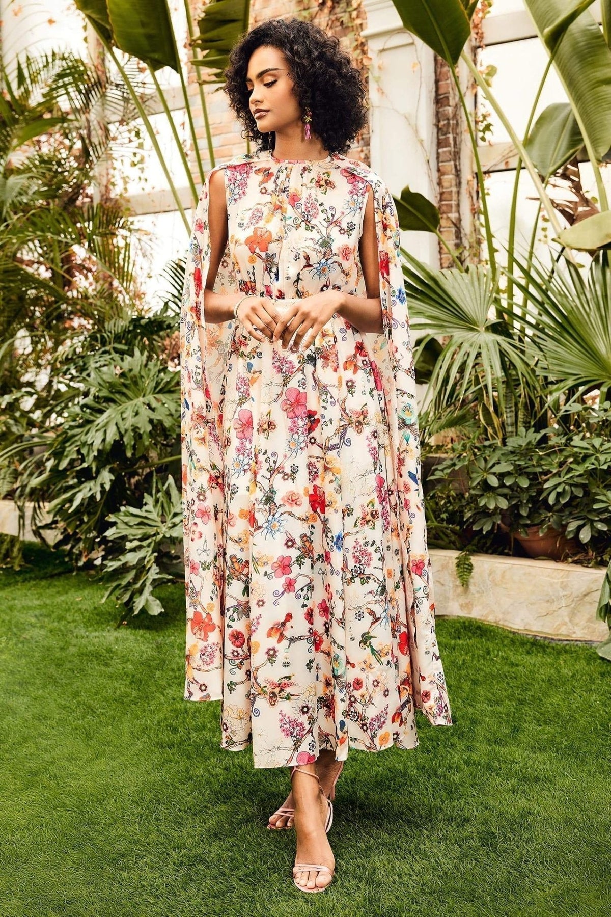 Botanical Floral Print Mock Neck Cape Sleeve Maxi Dress