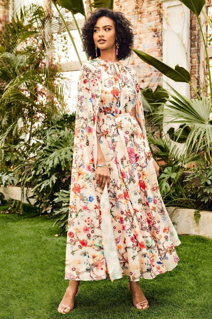 Botanical Floral Print Mock Neck Cape Sleeve Maxi Dress