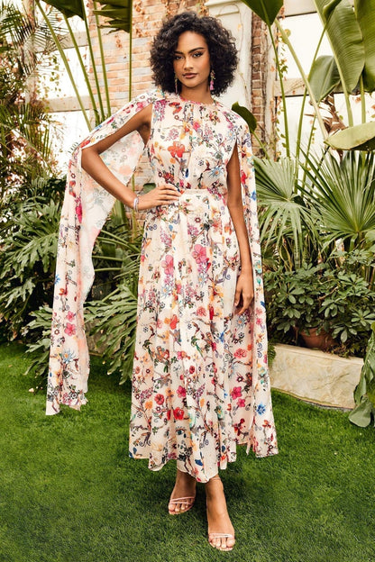 Botanical Floral Print Mock Neck Cape Sleeve Maxi Dress