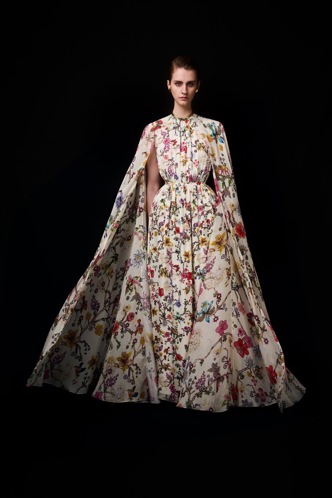 Botanical Floral Print Mock Neck Cape Sleeve Maxi Dress
