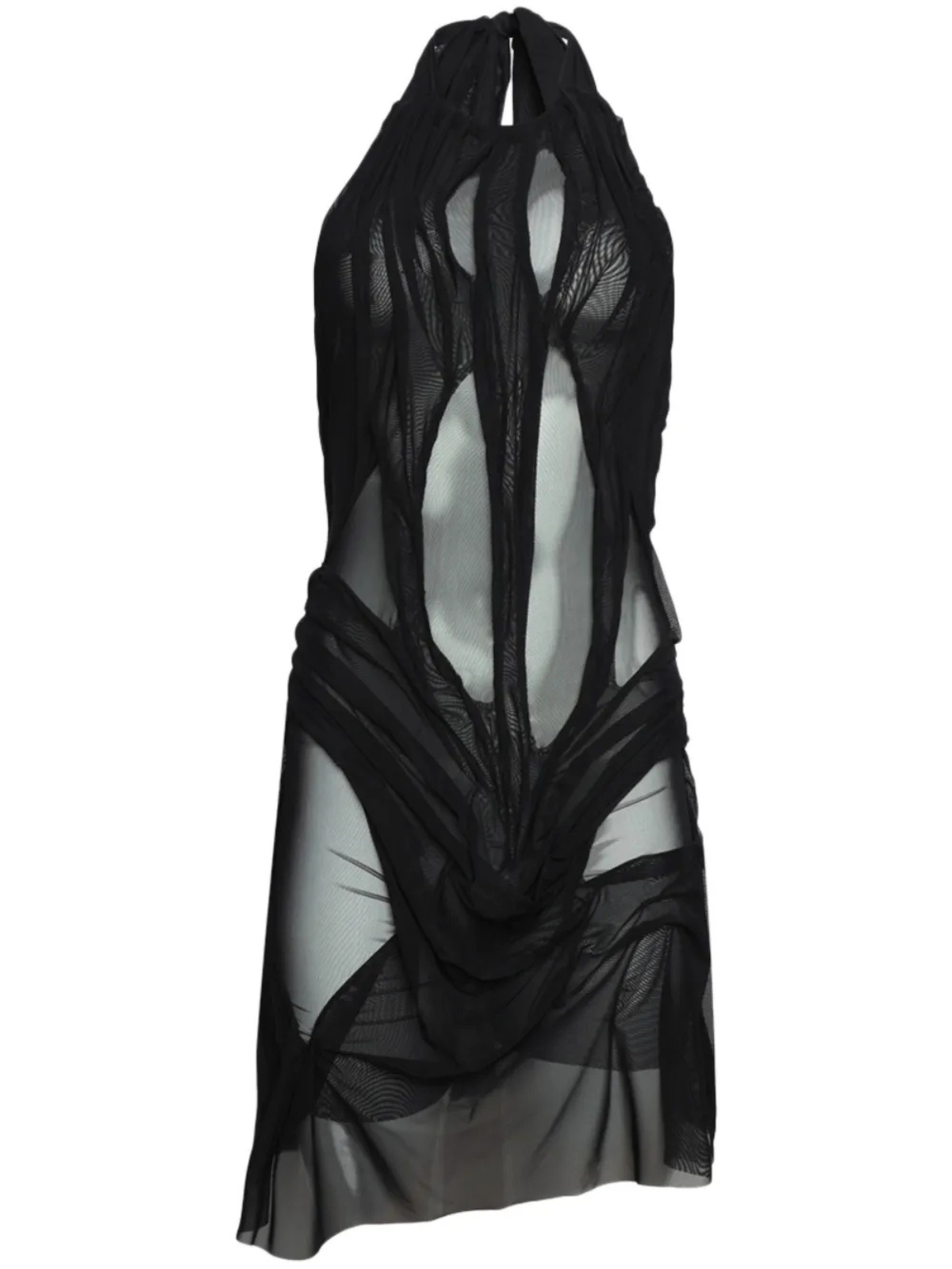 Halter Ruched Mesh Panel Cutout Mini Dress
