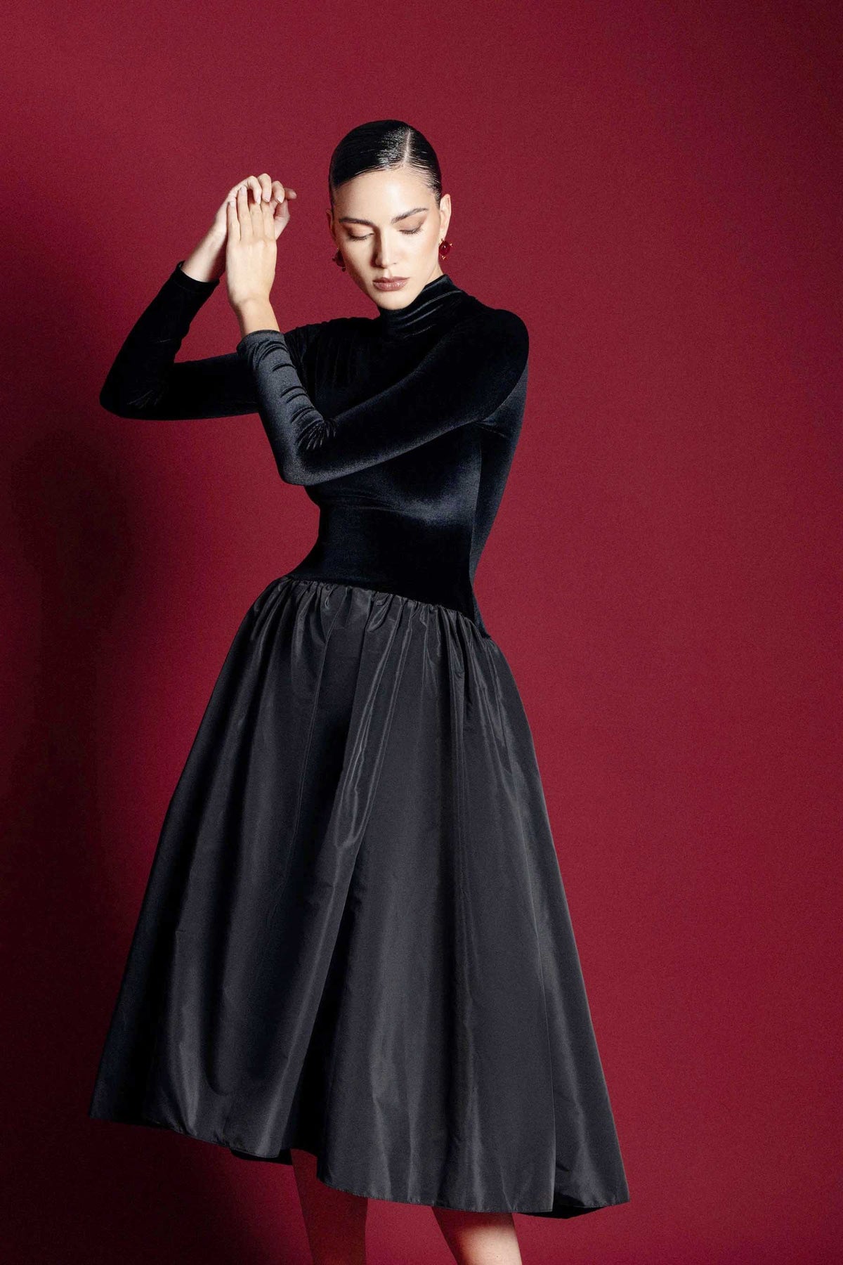 Velvet Mock Neck Gathered Waist Pleated A-Line Maxi Dress