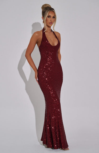 Halter Neck Sequin Mermaid Hem Column Maxi Dress