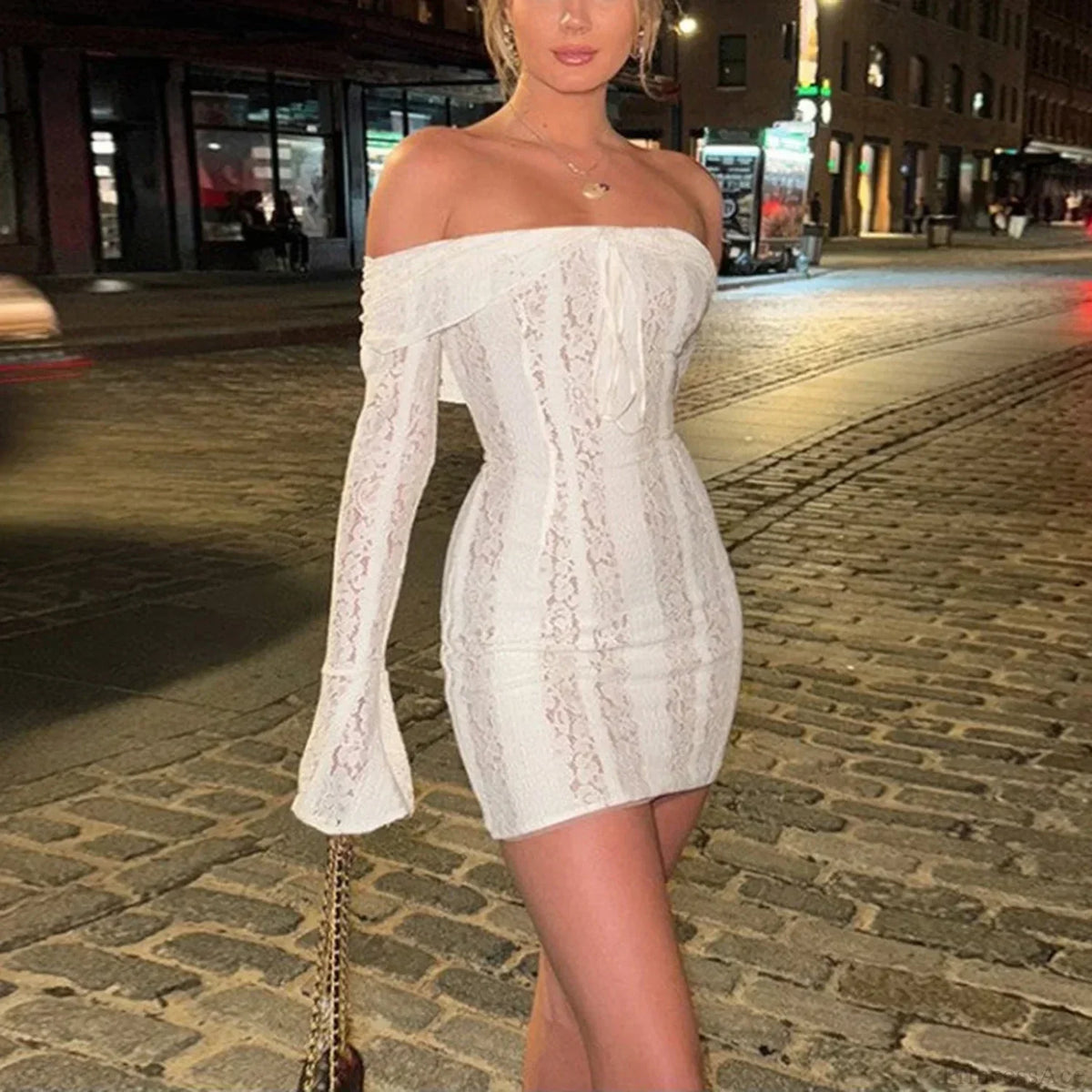 Floral Lace Off Shoulder Bell Sleeve Tie Front Mini Dress