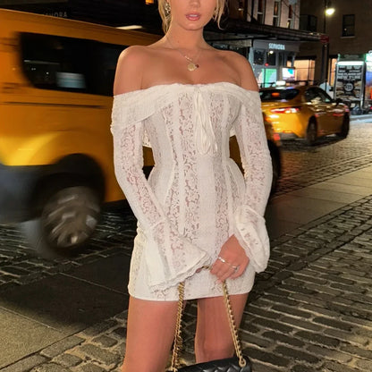 Floral Lace Off Shoulder Bell Sleeve Tie Front Mini Dress
