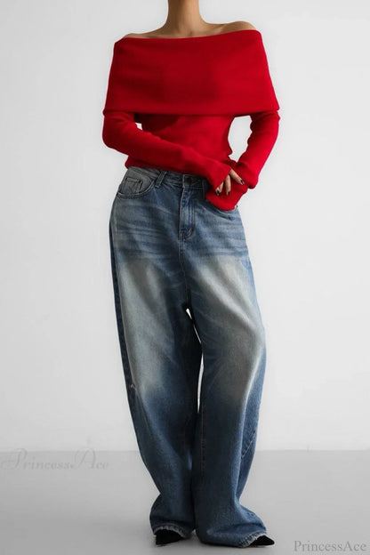 Off-Shoulder Fitted Long-Sleeve Knit Top