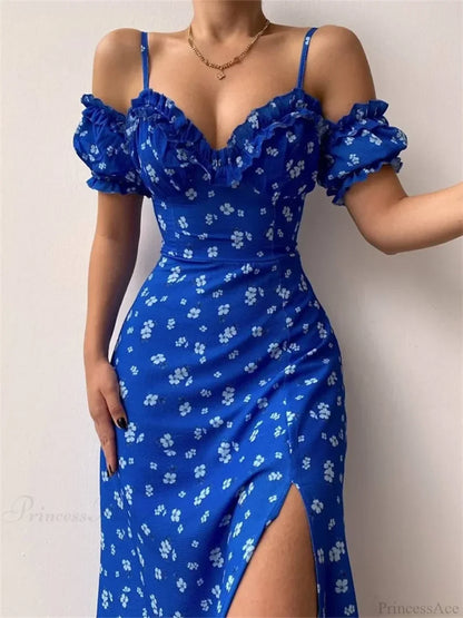 Off-Shoulder Frilly Suspender Short Sleeve Split Mid-Length A-Line Floral Dress