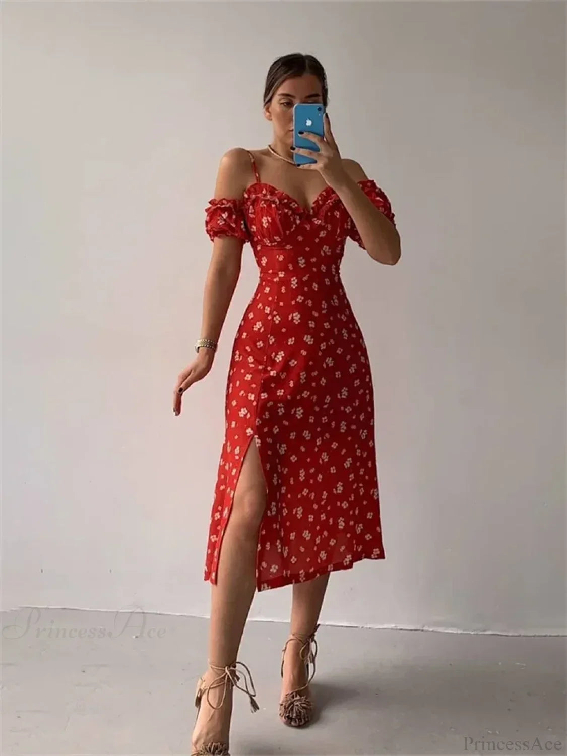 Off-Shoulder Frilly Suspender Short Sleeve Split Mid-Length A-Line Floral Dress