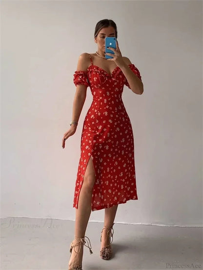 Off-Shoulder Frilly Suspender Short Sleeve Split Mid-Length A-Line Floral Dress