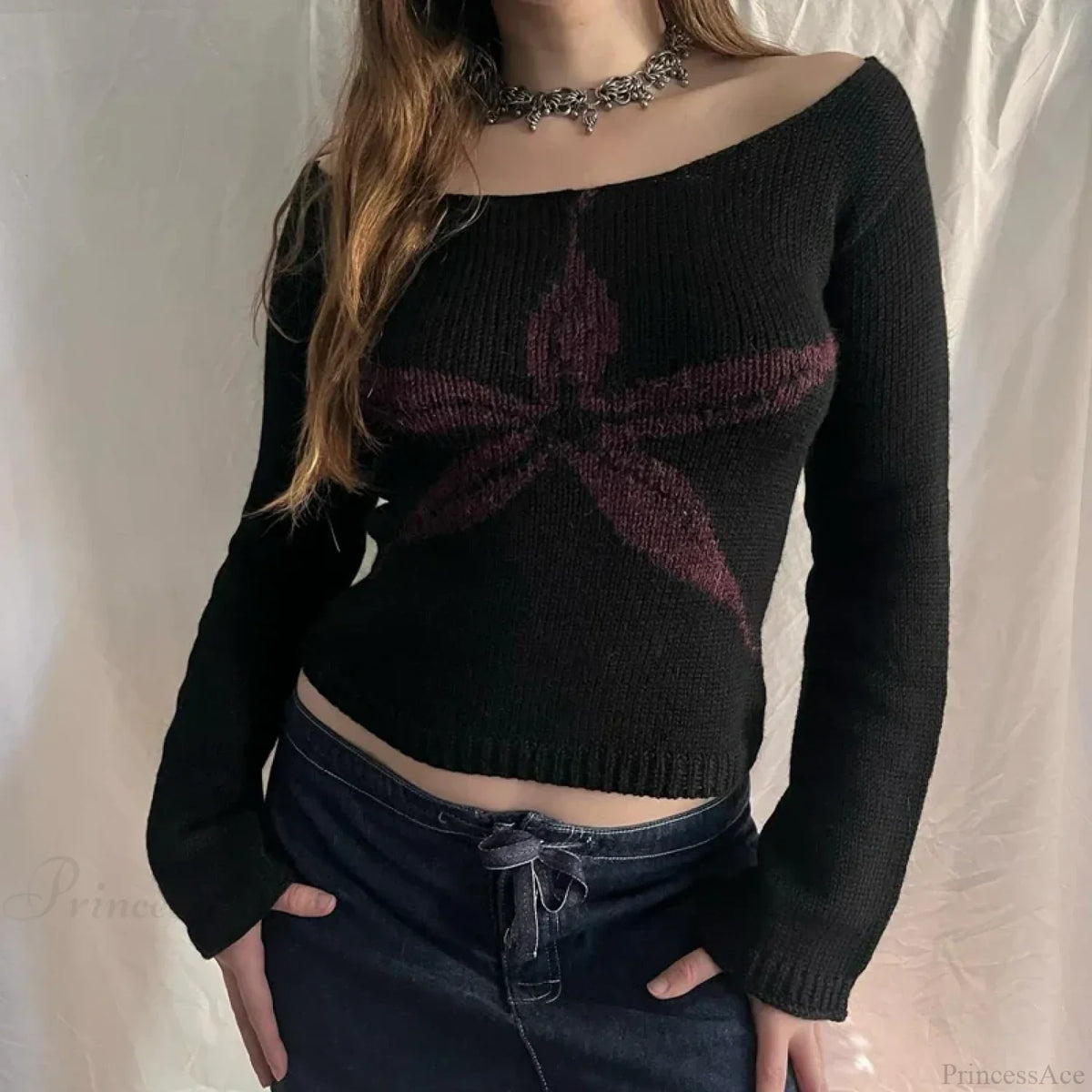 Off Shoulder Graphic Print Sweater Long Sleeve Knit Top Women