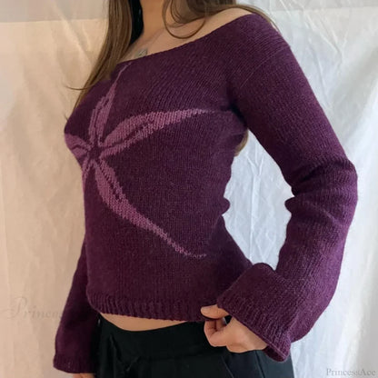 Off Shoulder Graphic Print Sweater Long Sleeve Knit Top Women