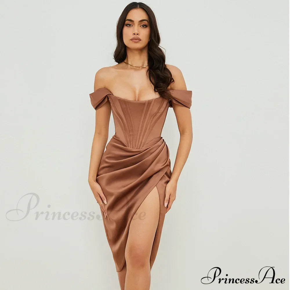 Off Shoulder Split Corset Midi Dress