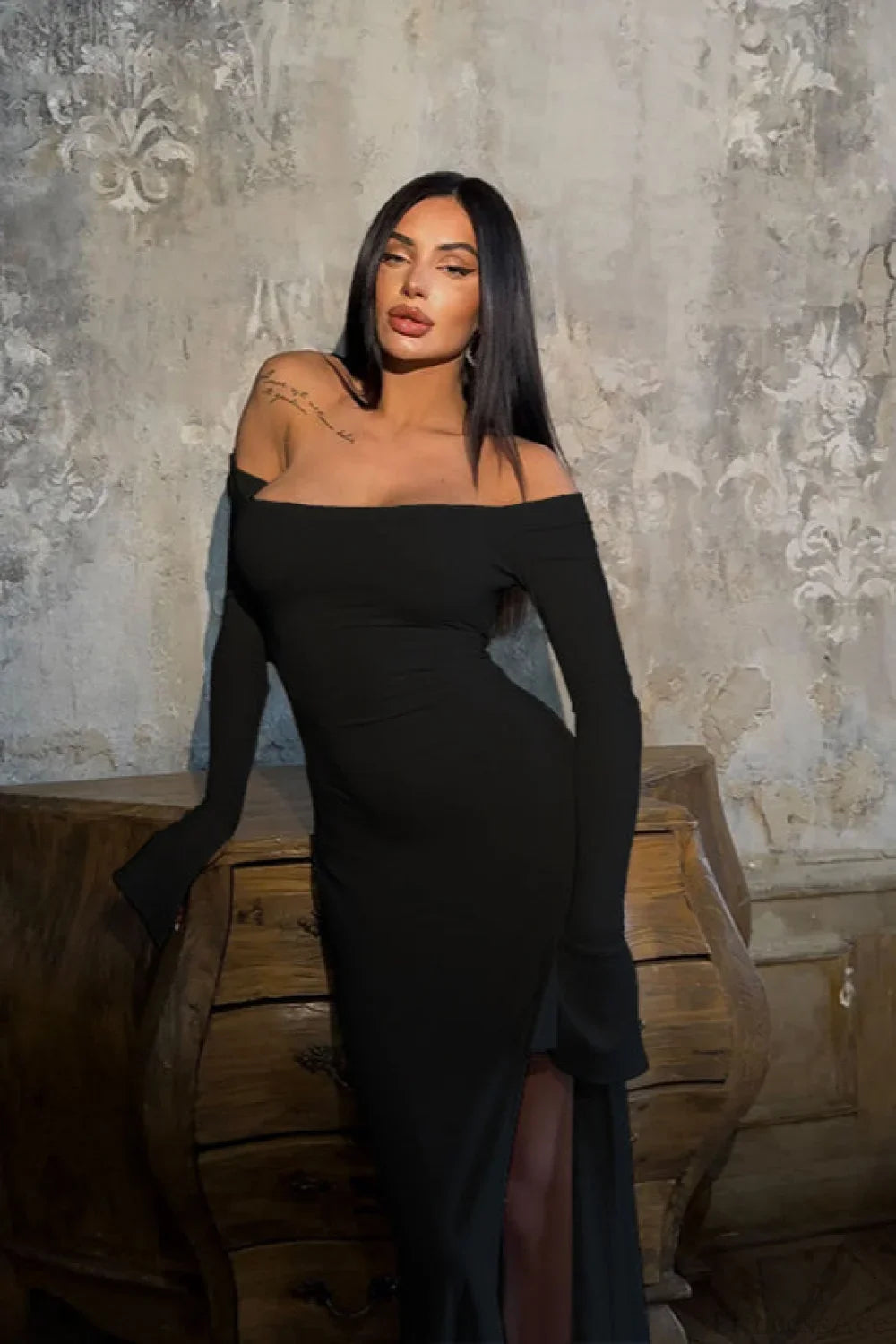 Off Shoulder Tie Fitted Elegant Maxi Dress