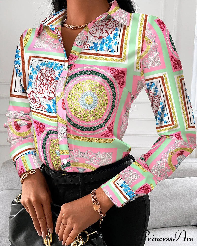 Office Lady Print Button Shirts