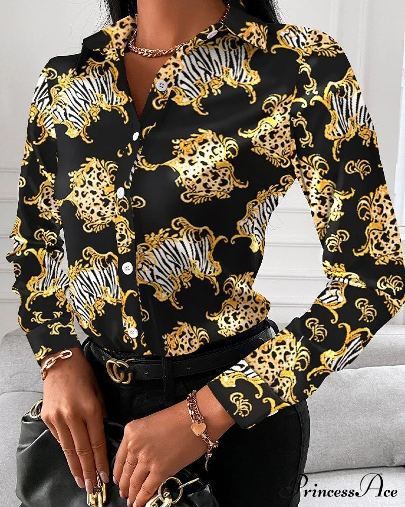 Office Lady Print Button Shirts