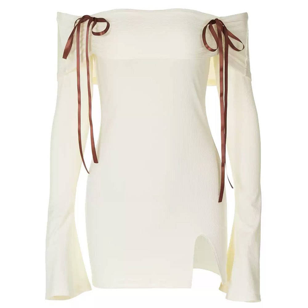 Off-Shoulder Bell Sleeve Ribbon Tie Rib Knit Bodycon Mini Dress