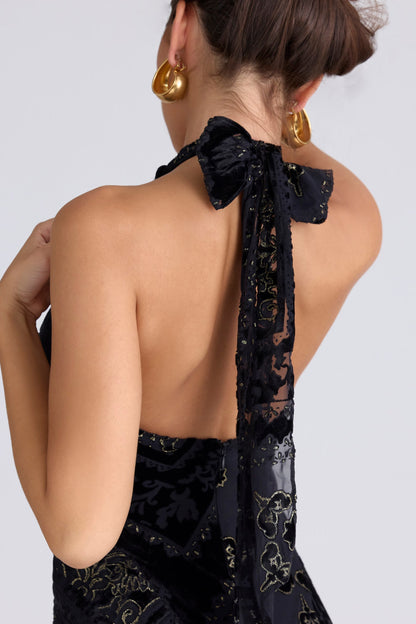 Halter Keyhole Cutout Devore Velvet Mermaid Maxi Gown