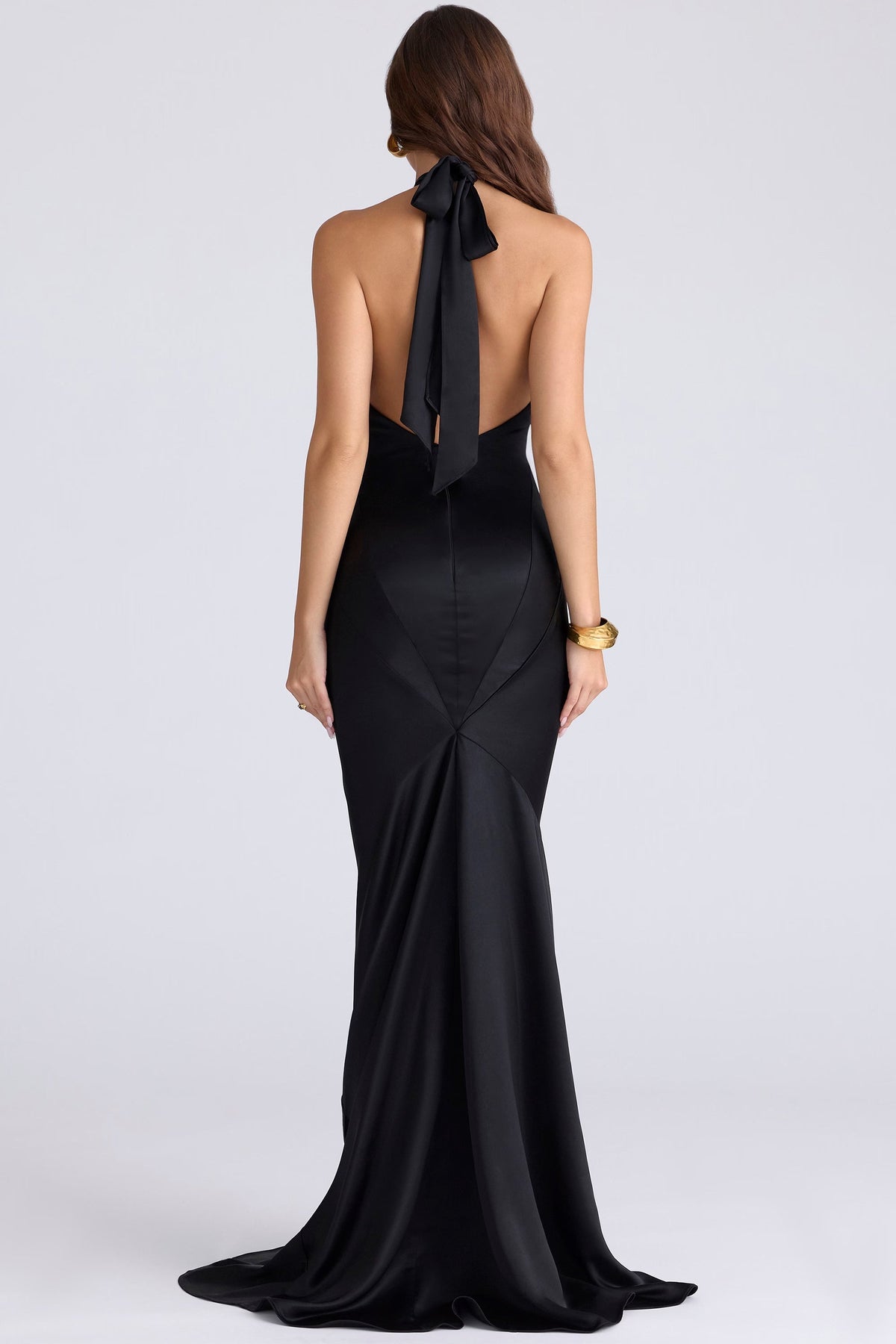Halter Keyhole Cutout Chevron Seam Satin Mermaid Maxi Gown