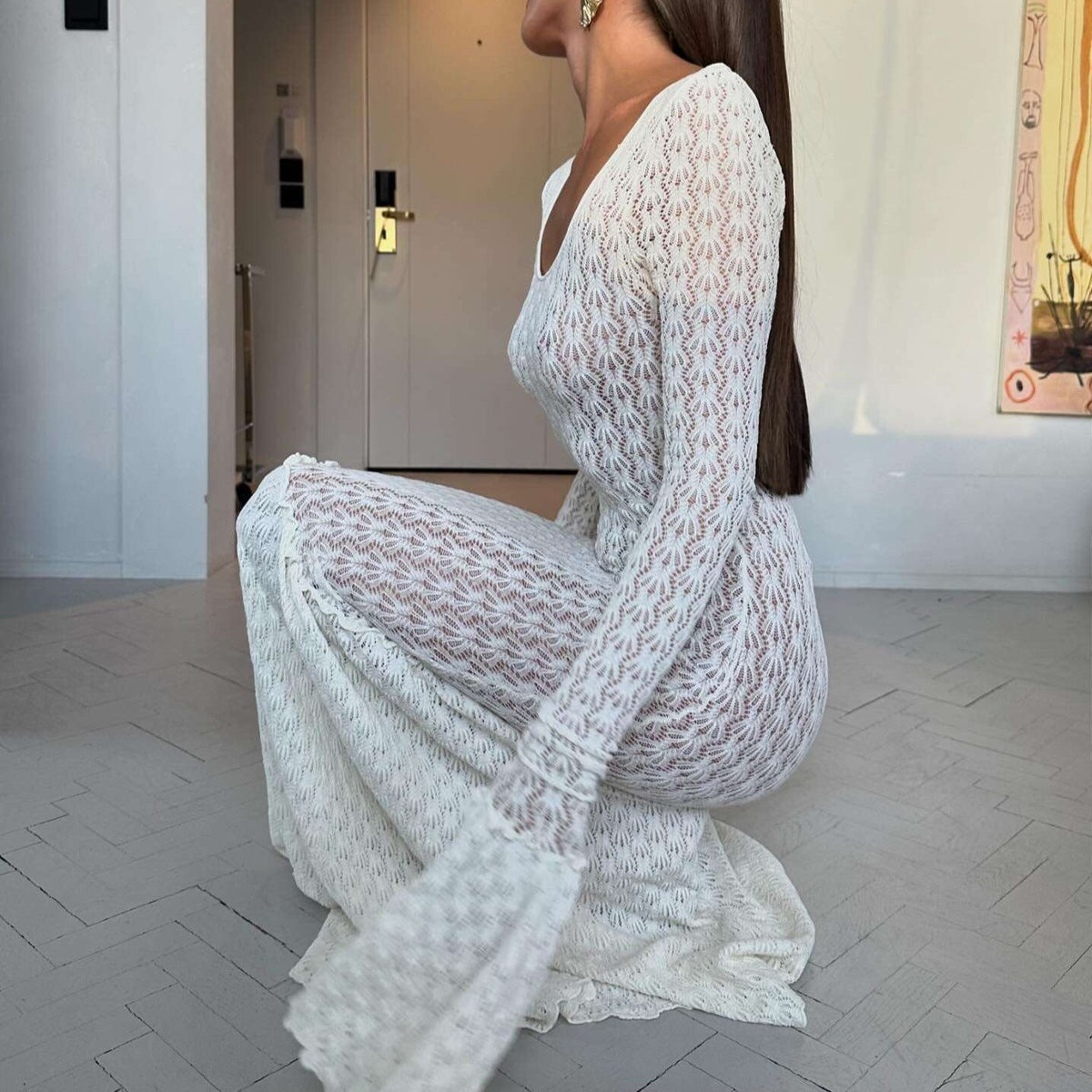 Square Neck Crochet Panel Flare Sleeve Maxi Dress