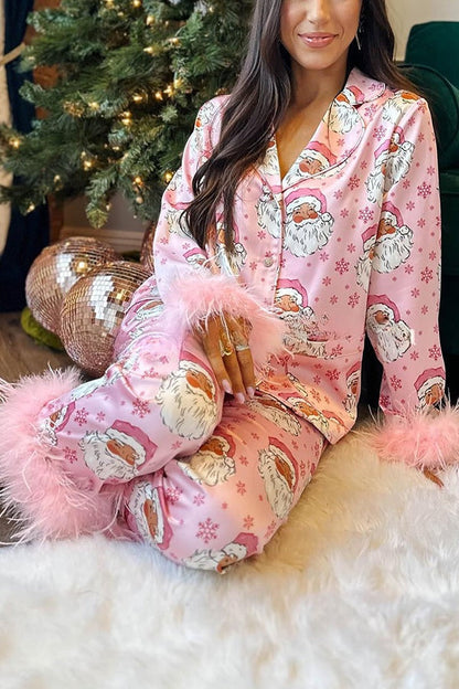 LIlipretty Christmas Printed Feather Trim Pajama Set (Best Gift for the Christmas Holiday)