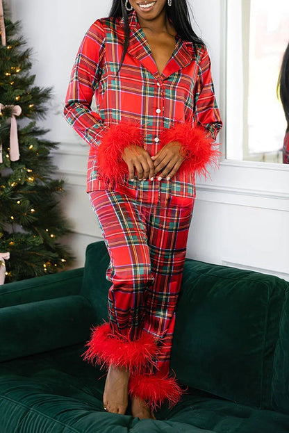 LIlipretty Christmas Printed Feather Trim Pajama Set (Best Gift for the Christmas Holiday)