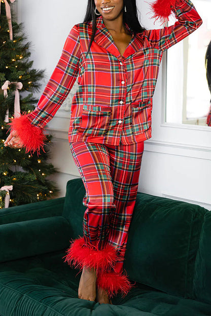 LIlipretty Christmas Printed Feather Trim Pajama Set (Best Gift for the Christmas Holiday)