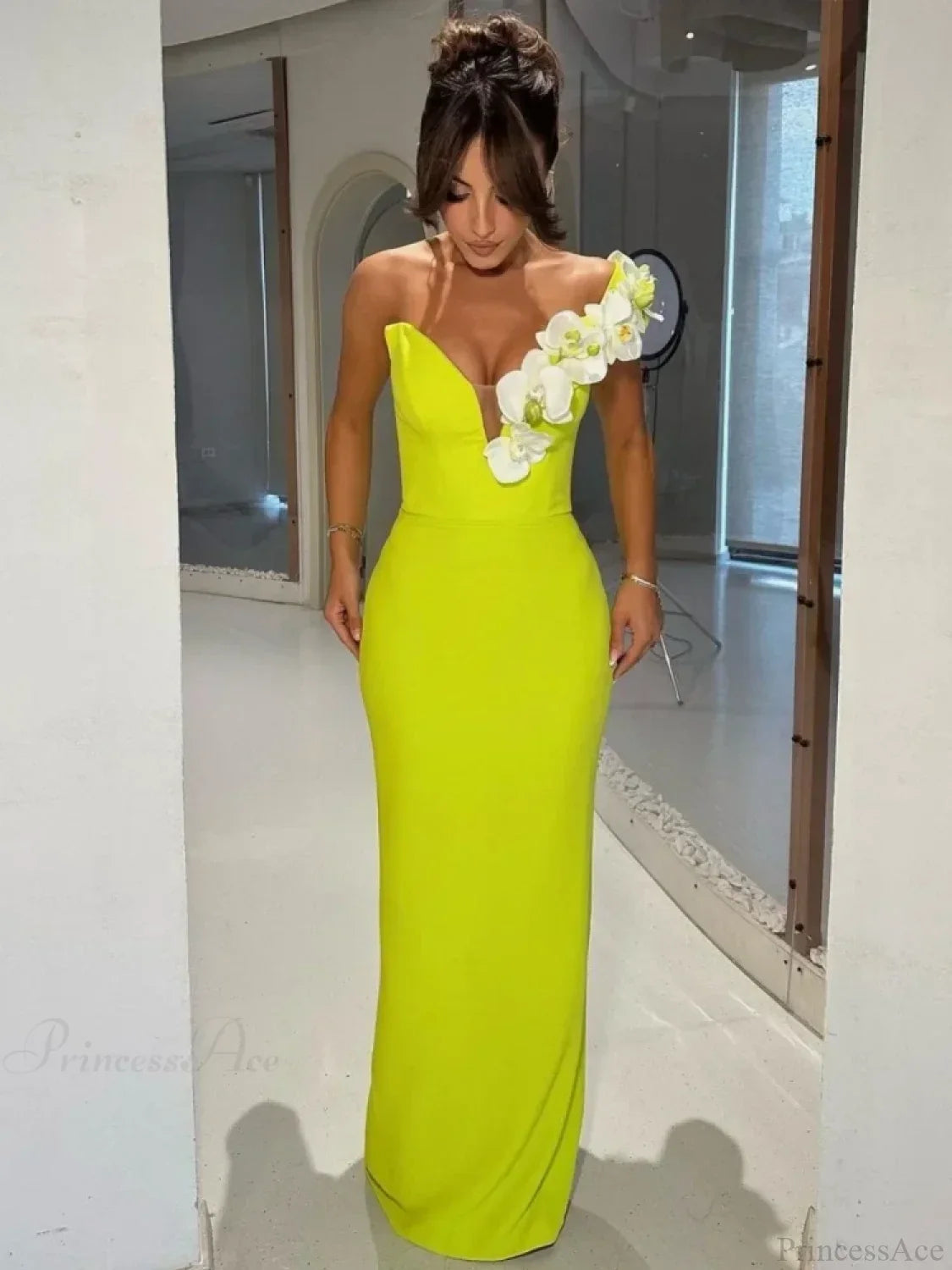 One Shoulder Floral Green Bandage Party Dress