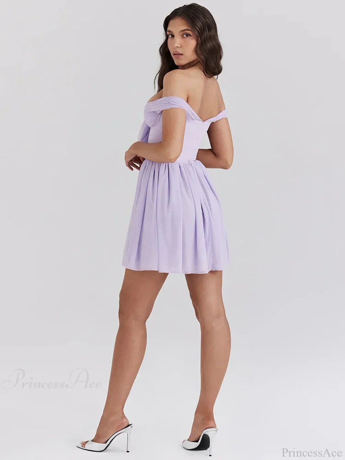 Off Shoulder Bow Sweetheart Neck Pleated Mesh Mini Dress