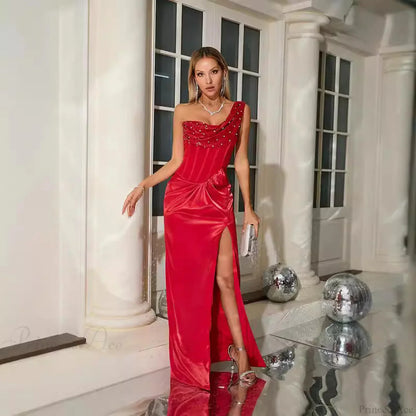 One Shoulder Pleated Elegant Ruched Party Prom Dress