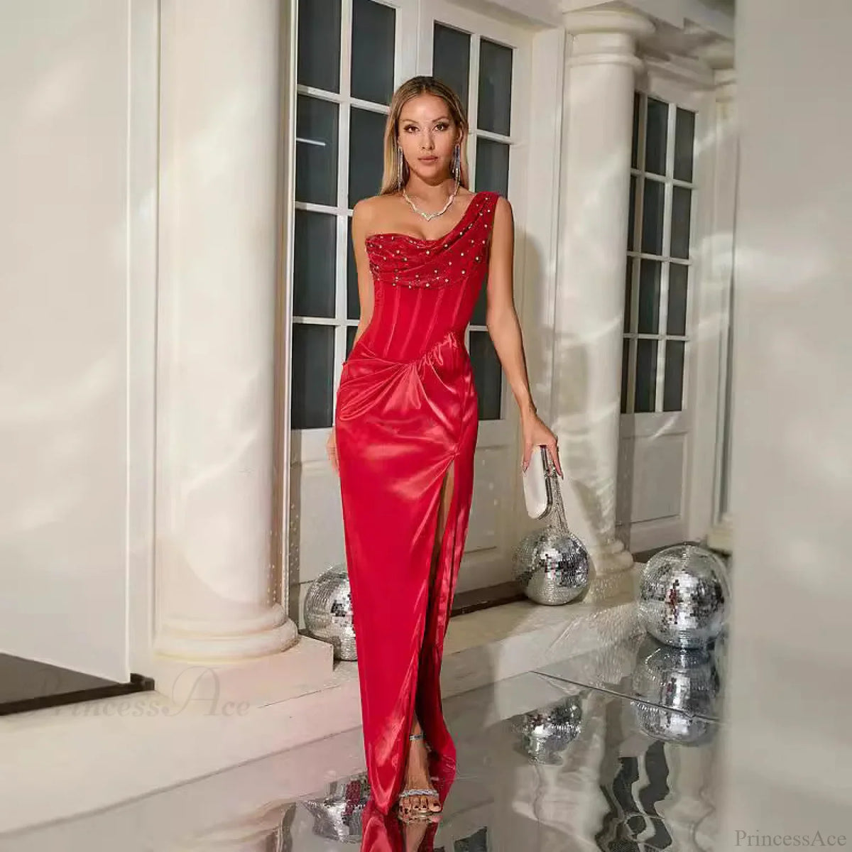 One Shoulder Pleated Elegant Ruched Party Prom Dress