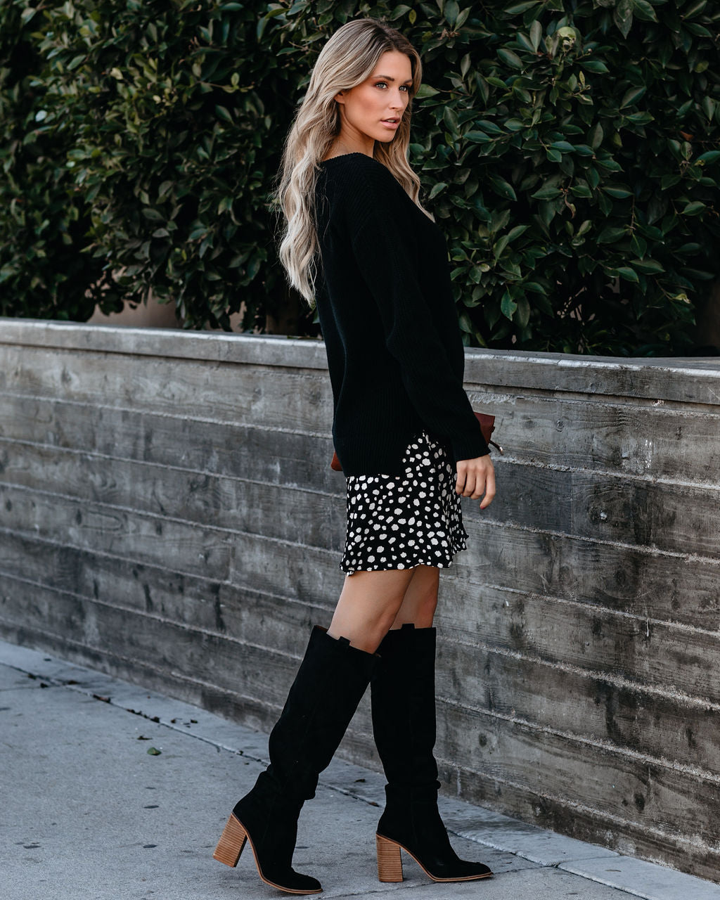 Rib Knit Sweater Layered Abstract Spot Print Ruffle Mini Dress