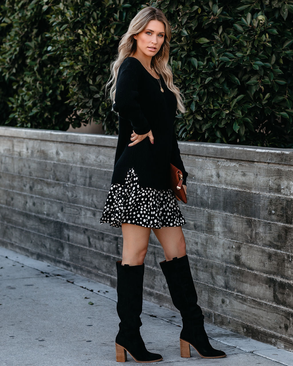 Rib Knit Sweater Layered Abstract Spot Print Ruffle Mini Dress
