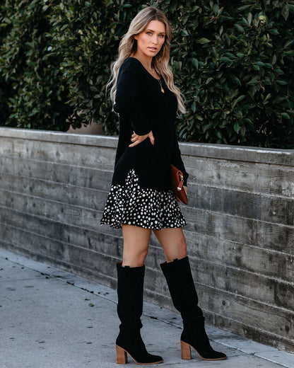 Rib Knit Sweater Layered Abstract Spot Print Ruffle Mini Dress