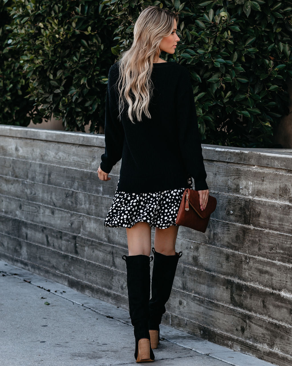 Rib Knit Sweater Layered Abstract Spot Print Ruffle Mini Dress