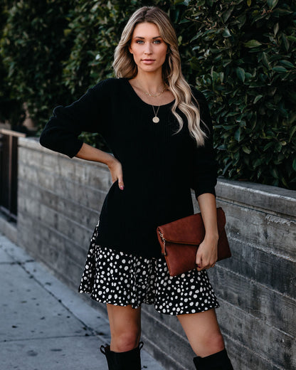 Rib Knit Sweater Layered Abstract Spot Print Ruffle Mini Dress