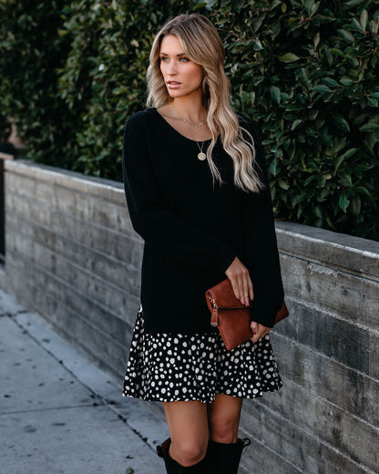 Rib Knit Sweater Layered Abstract Spot Print Ruffle Mini Dress