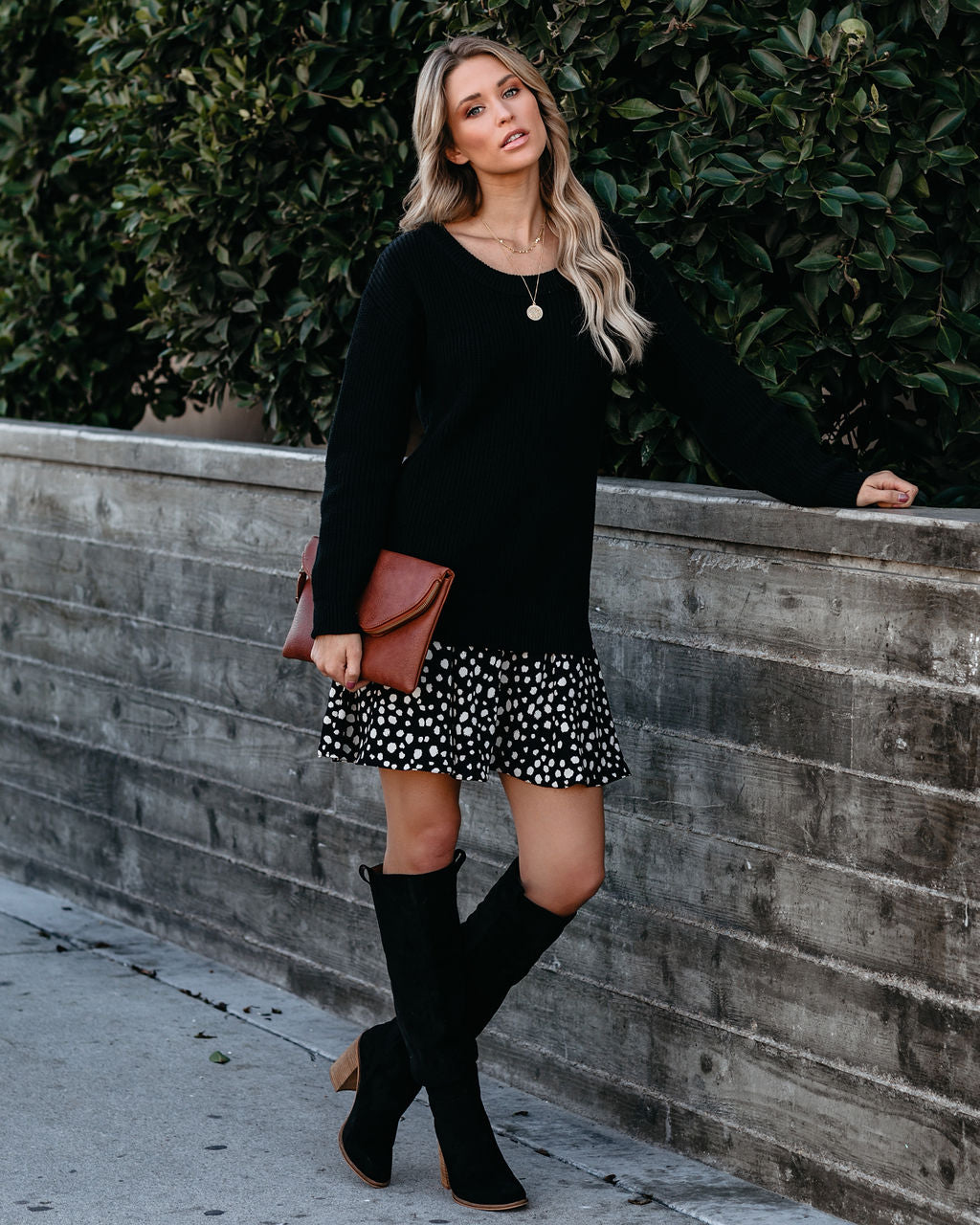 Rib Knit Sweater Layered Abstract Spot Print Ruffle Mini Dress