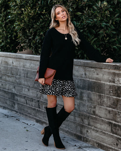 Rib Knit Sweater Layered Abstract Spot Print Ruffle Mini Dress