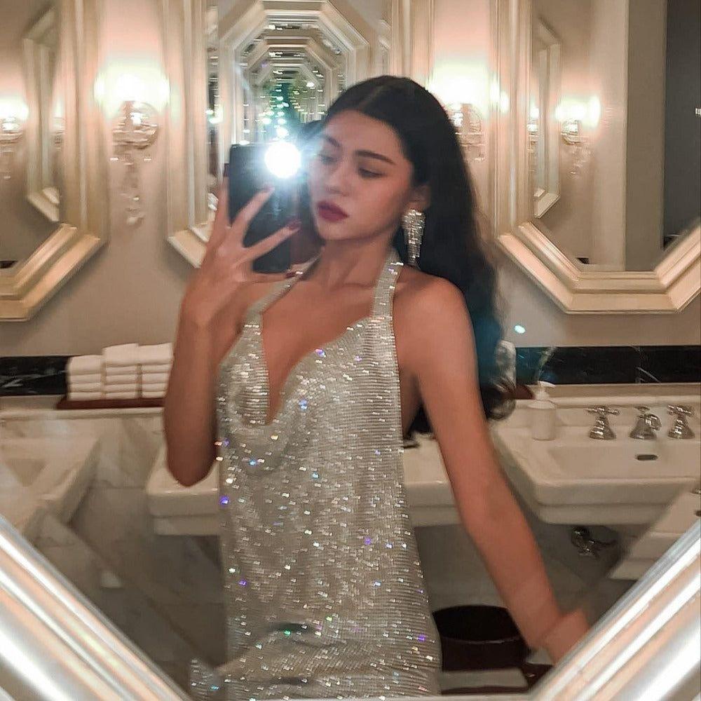 Strapless Rhinestone Mesh Mini Dress
