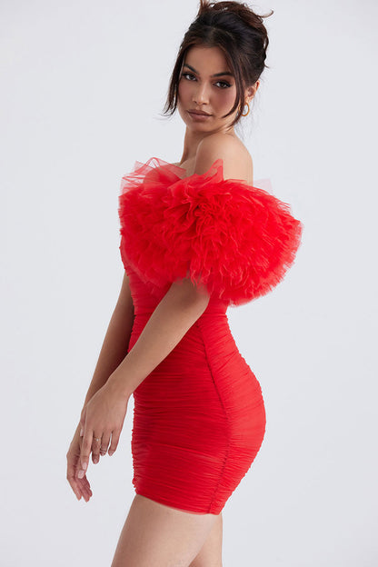Strapless One Shoulder Tiered Ruffle Sleeve Ruched Mesh Bodycon Mini Dress